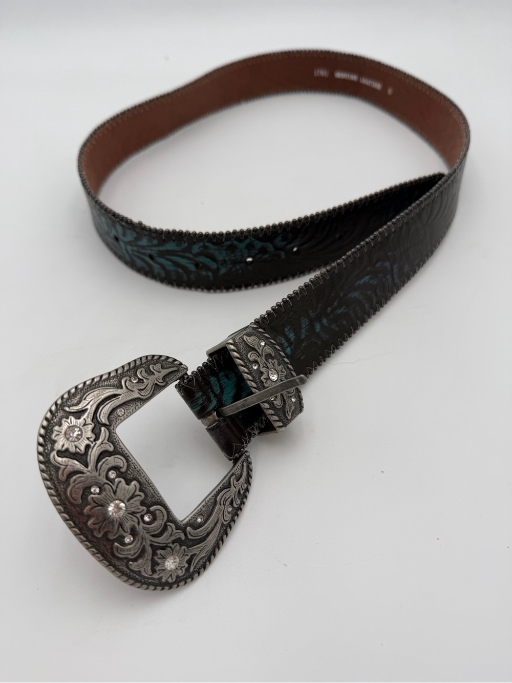 Tooled Leather Belt with Decorative Silver-Tone Buckle - Teal Accent